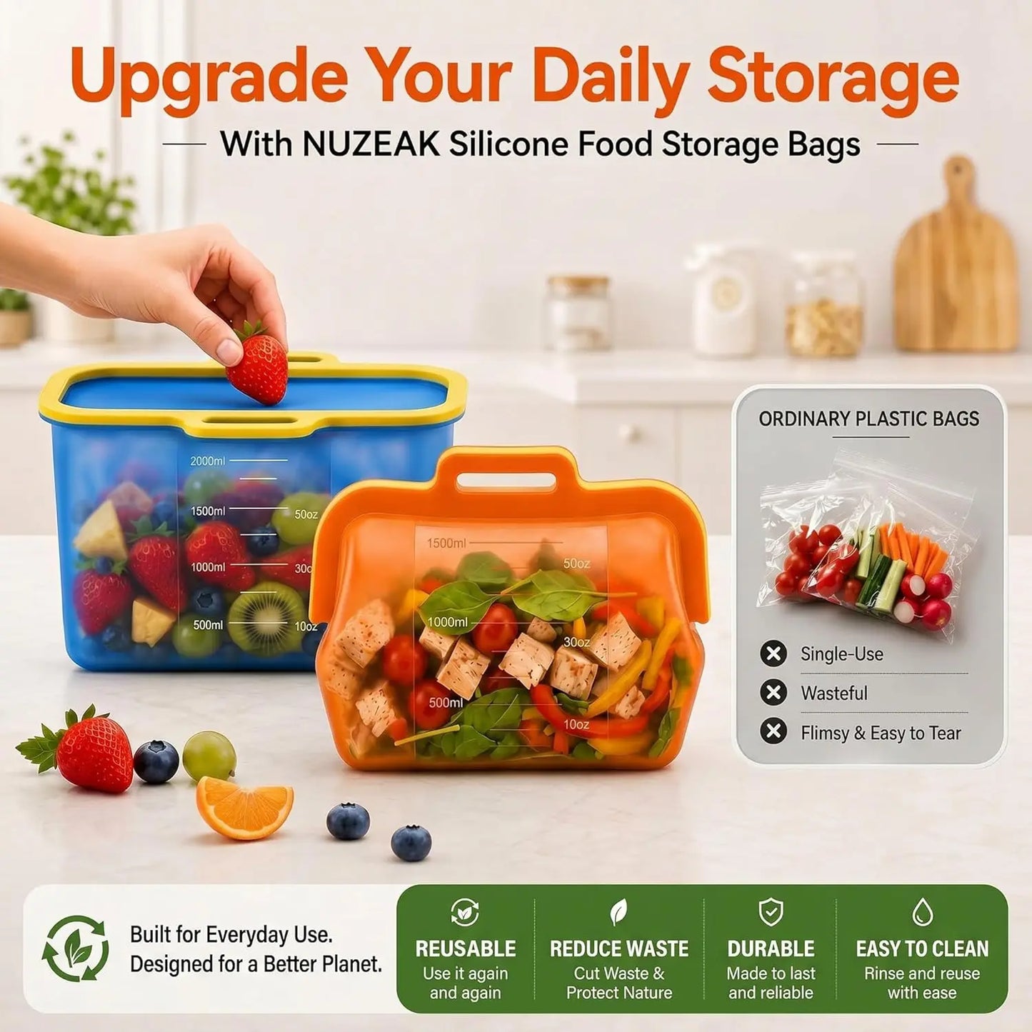 Reusable Silicone Food Storage Bags | 50oz | Magnetic Seal Stand Up | 1 Pack