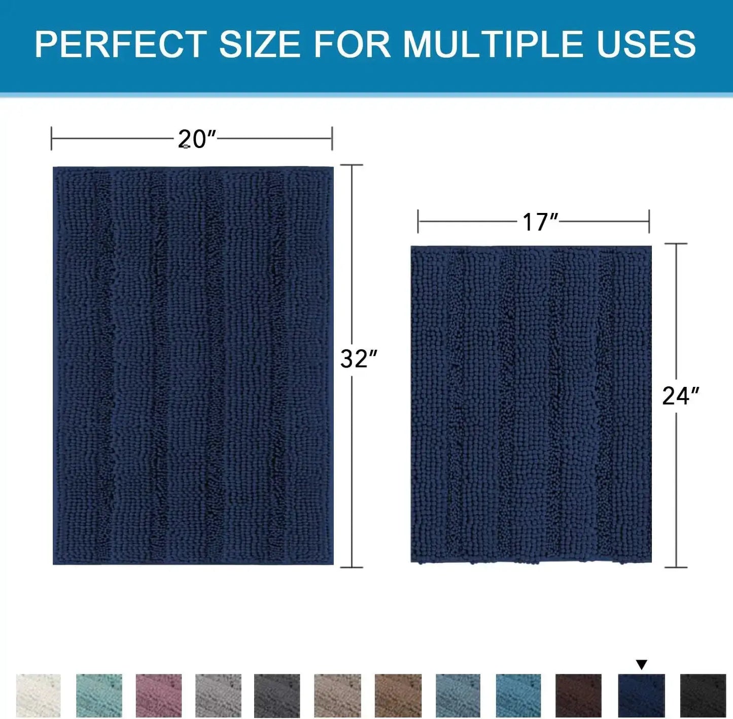 Navy Blue Bathroom Rugs 2 Piece, Bath Mat Set Slip-Resistant Extra Absorbent Soft and Fluffy Striped Chenille Bath Rugs from PriceLows™