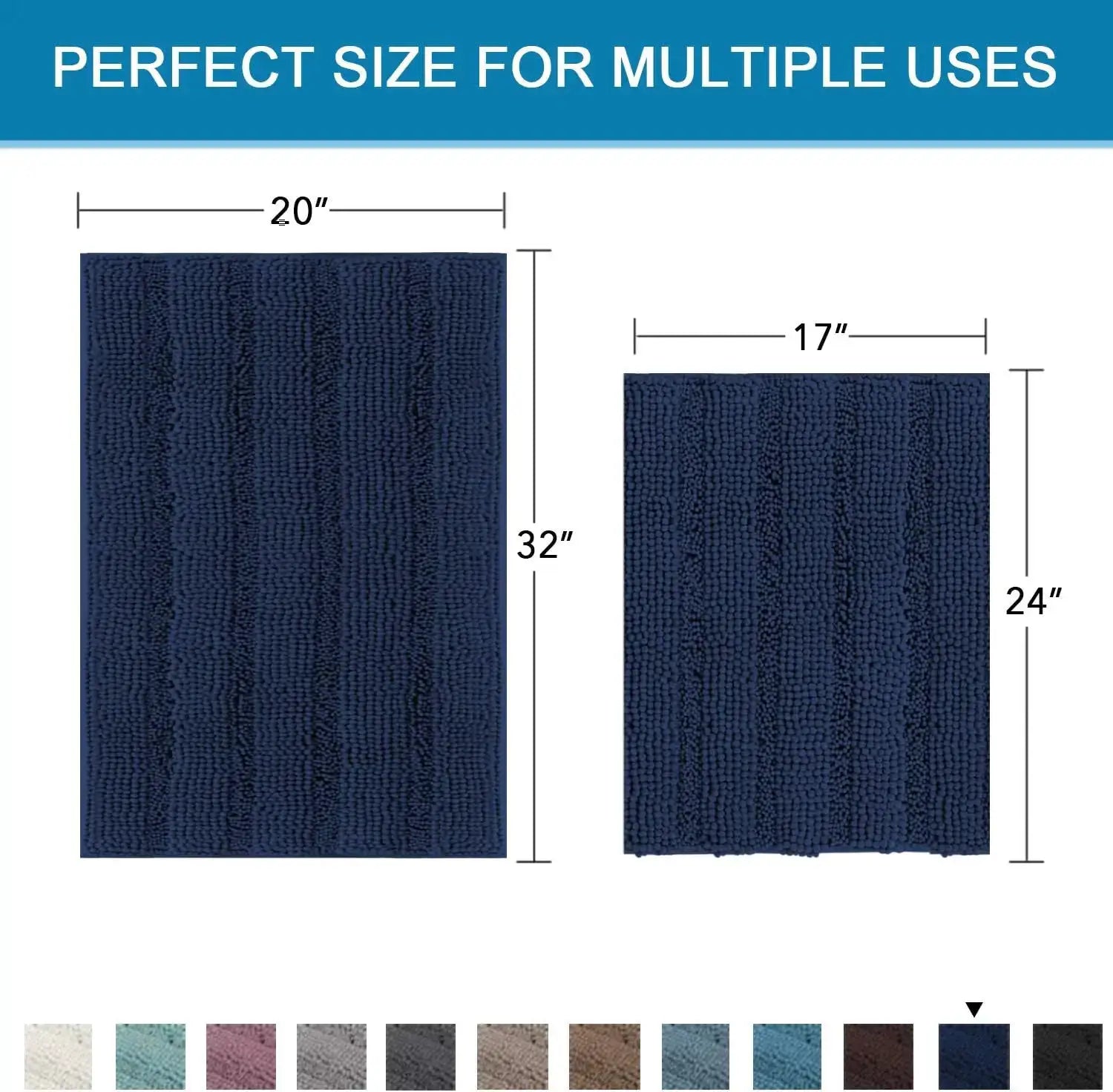 Navy Blue Bathroom Rugs 2 Piece, Bath Mat Set Slip-Resistant Extra Absorbent Soft and Fluffy Striped Chenille Bath Rugs from PriceLows™