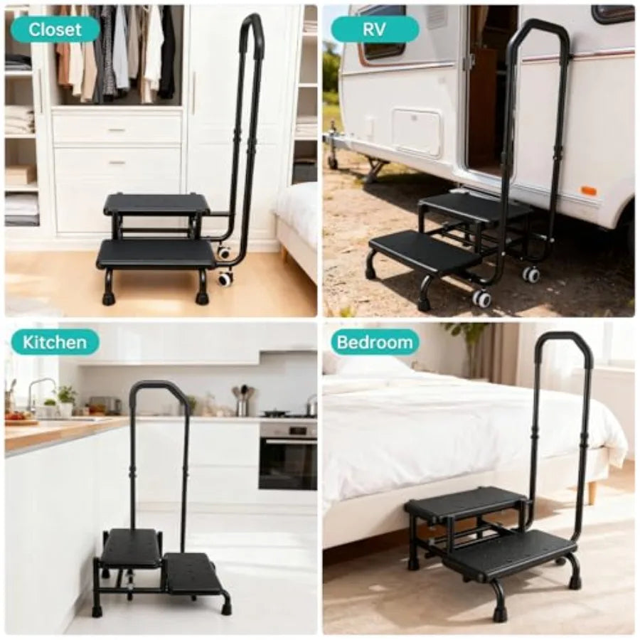 2 Step Stool with Handrail and 2 Casters for Elderly Bed Steps for High Beds for Adults Non Slip Platform and Adjustable Handra from PriceLows™