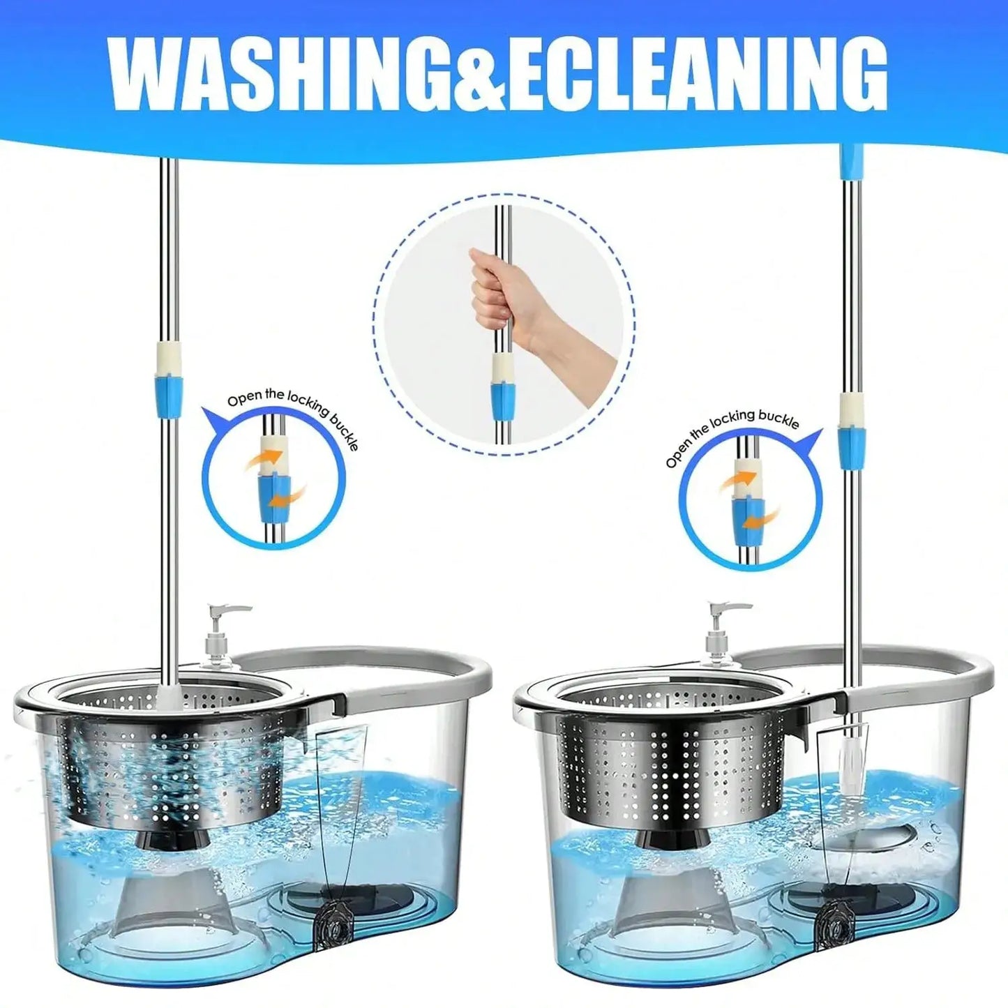 Spin Mop Bucket Set with Soap Dispenser 360°Rotating 2 Microfiber Heads 61" Adjustable Stainless Steel Handle 20QT Floor Cleaner from PriceLows™