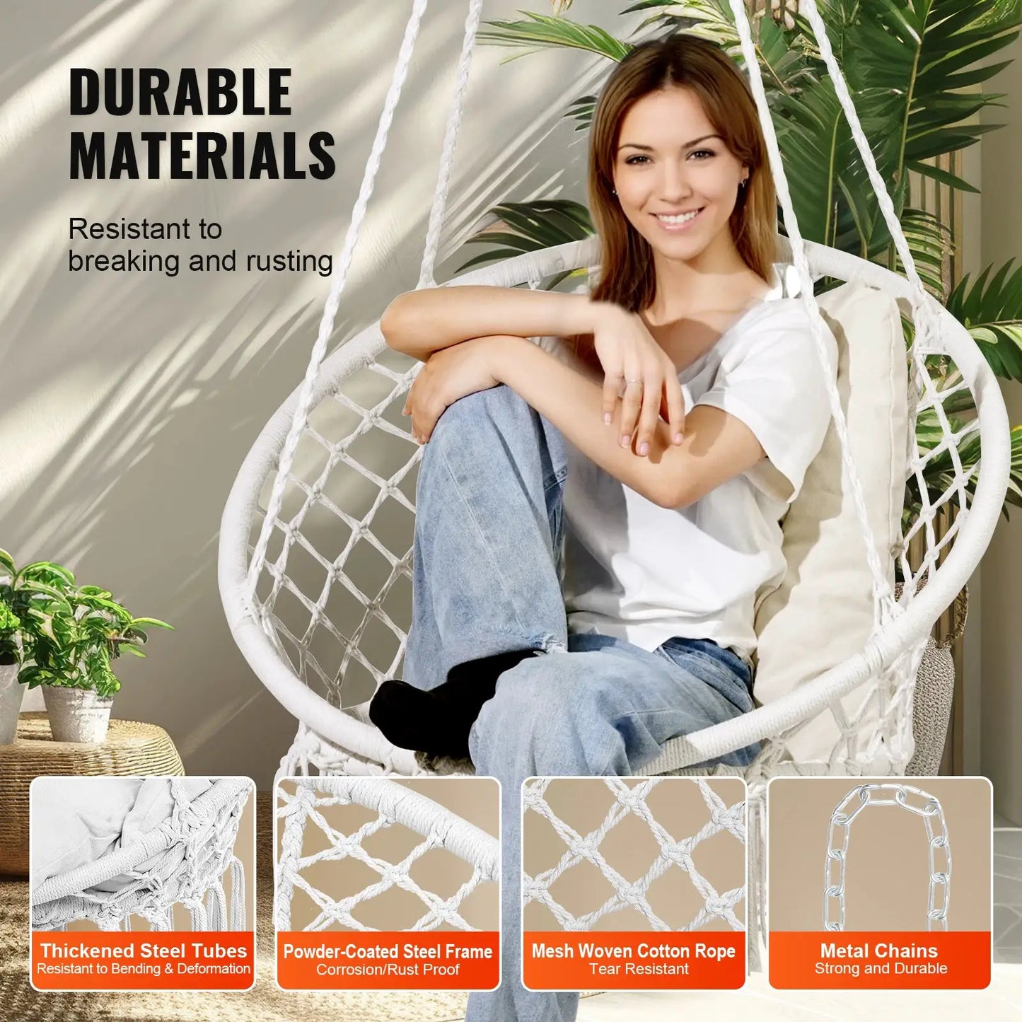 SucceBuy Hanging Hammock Swing Chair 330lbs Macramé Hanging Chair Cotton Rope Swing Chair for Bedroom Balcony Patio Garden White from PriceLows™