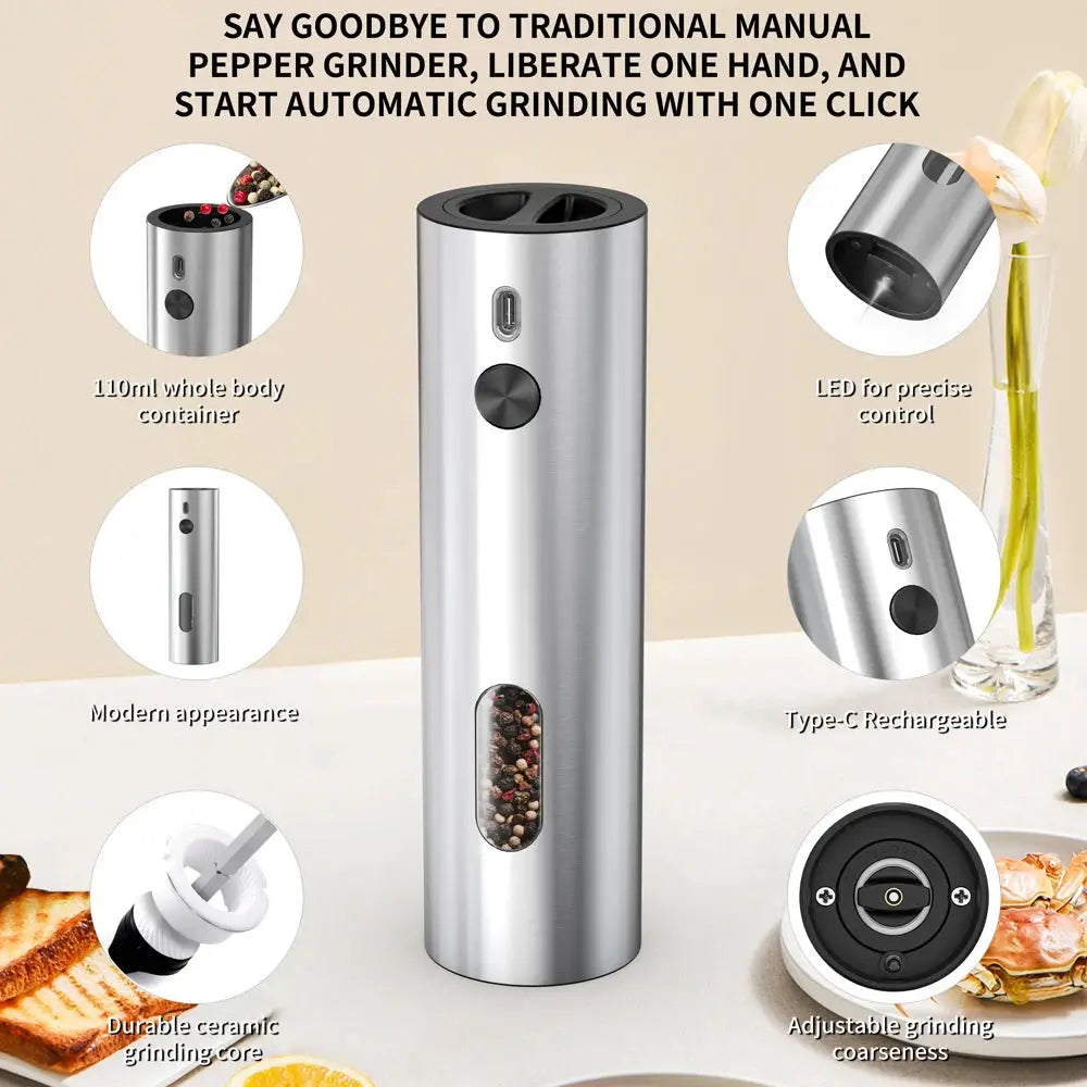 Salt And Pepper Grinder Set | USB Rechargeable | Stainless Steel | 110ml