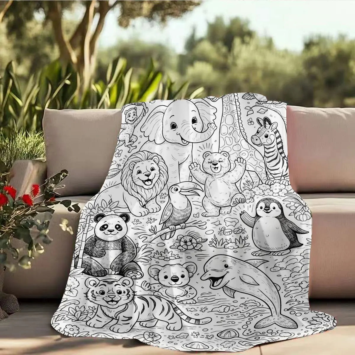Throw Blanket | Coloring Book Jungle Ocean Line Art | 100% Polyester | One Size