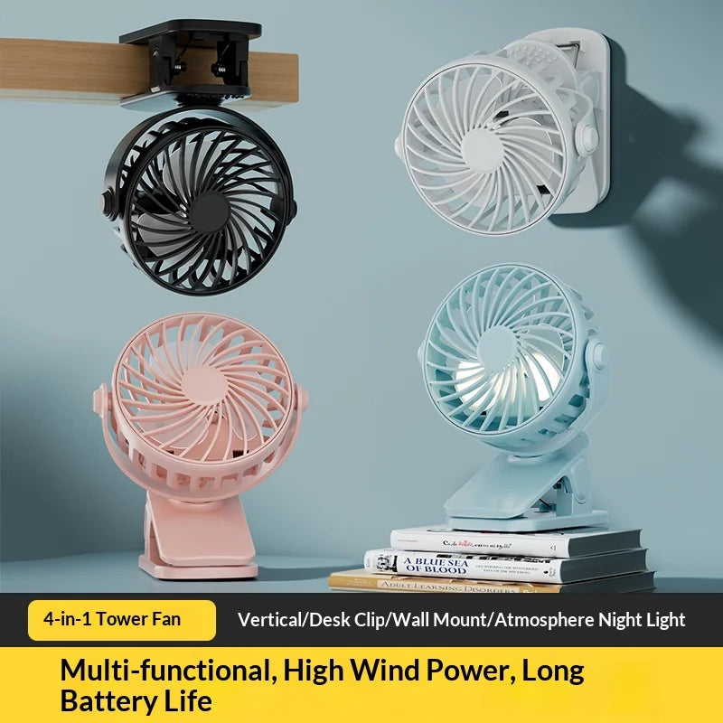 Portable Clip Fan | Rotates 720 Degrees | Night Light | Rechargeable 4W 5V
