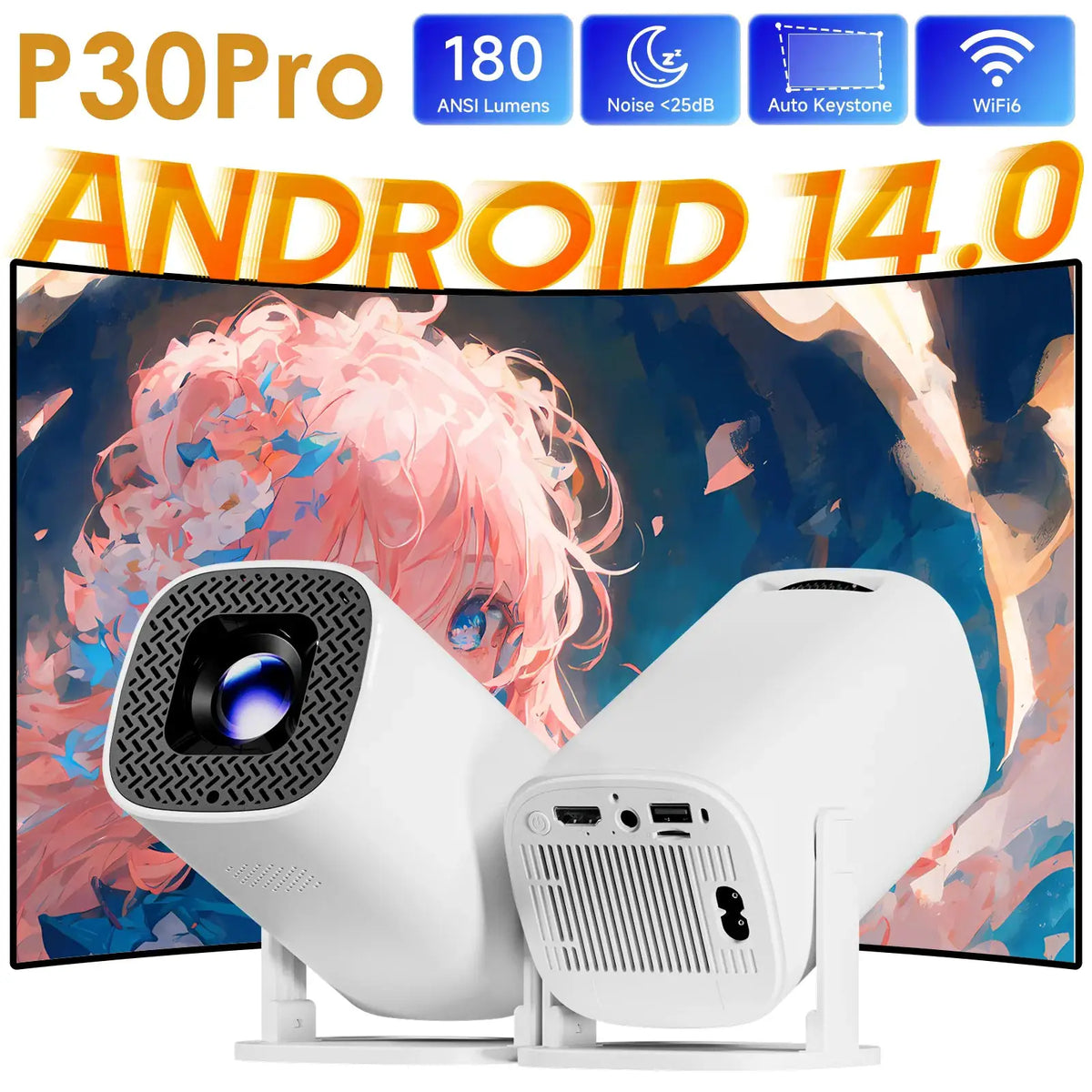 Portable Projector | Android 14 | WiFi 6 | 180 Lumens