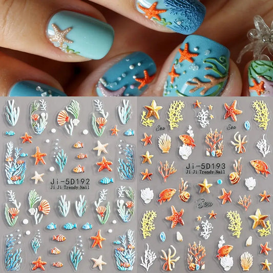 5D Embossed Ocean Nail Stickers Blue Orange Starfish Shell Coral Decals for Summer Beach Vacation Party Music Festival DIY Art from PriceLows™