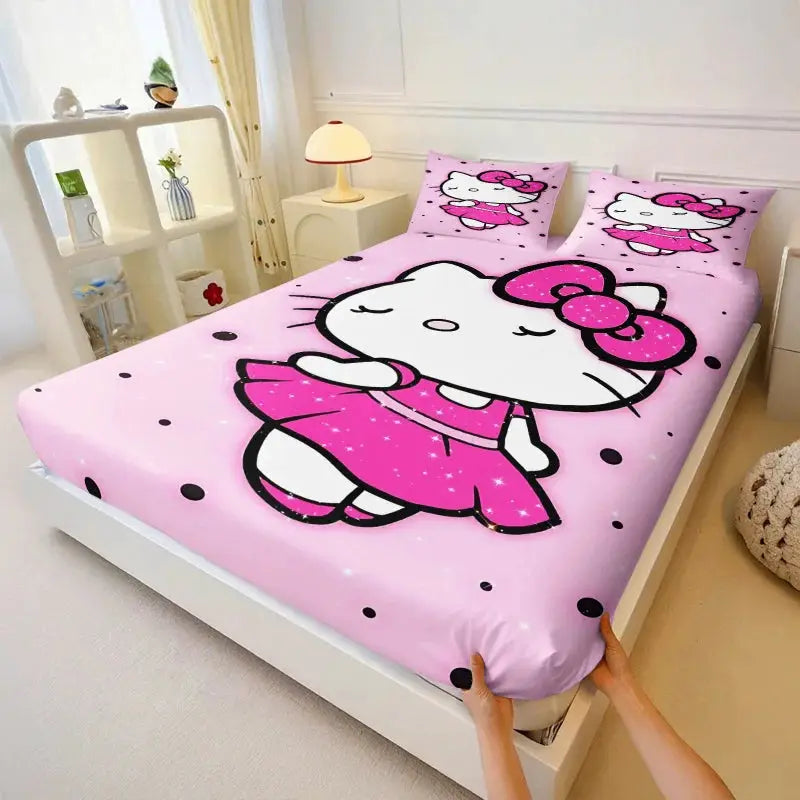 3Pcs Kawaii Hello Kitty Fitted Sheet Set With 2 Pillowcases purple Bed Sheet Soft Deep Pocket Bedding for Girls Bedroom Decor from PriceLows™