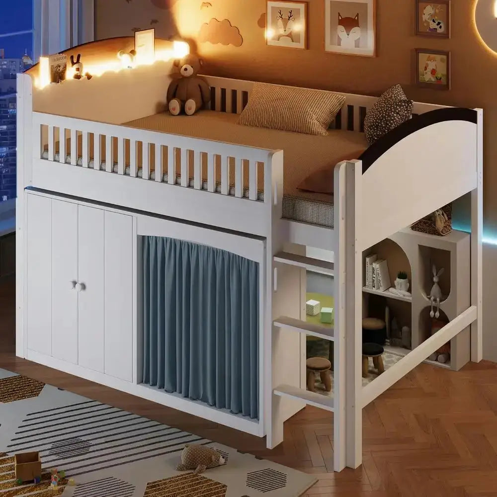 Twin Size Kids Uvellamo Loft Bed with LED Lights, Storage Cabinet, and Wardrobe, Suitable for Boys or Girls, White from PriceLows™