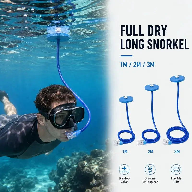 Full Dry Long Snorkel Tube 1m 2m 3m Silicone Mouthpiece Floating Valve Anti Water Entry for Adults Swim Training from PriceLows™