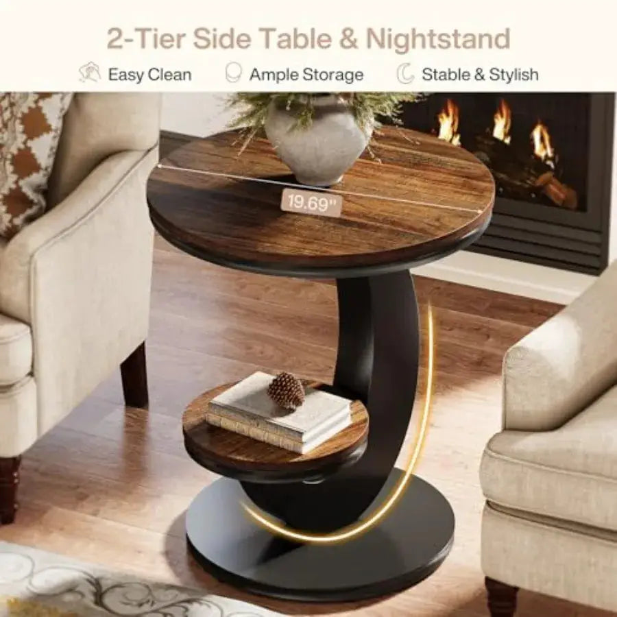 Round End Table Set of Tiers Side Table with Storage Shelf Sofa Side Bedside Nightstand with Rustic Wood and Metal Arc-Shaped F from PriceLows™