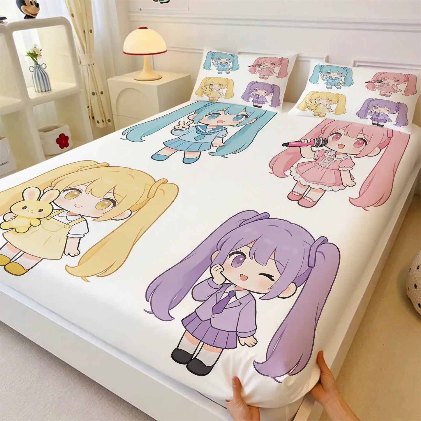 3Pcs Hatsune Miku Sakura Cherry Blossom Fitted Sheet Set Watercolor Anime Bed Cover with Pillowcases Teens Fans Room Decor Gift from PriceLows™