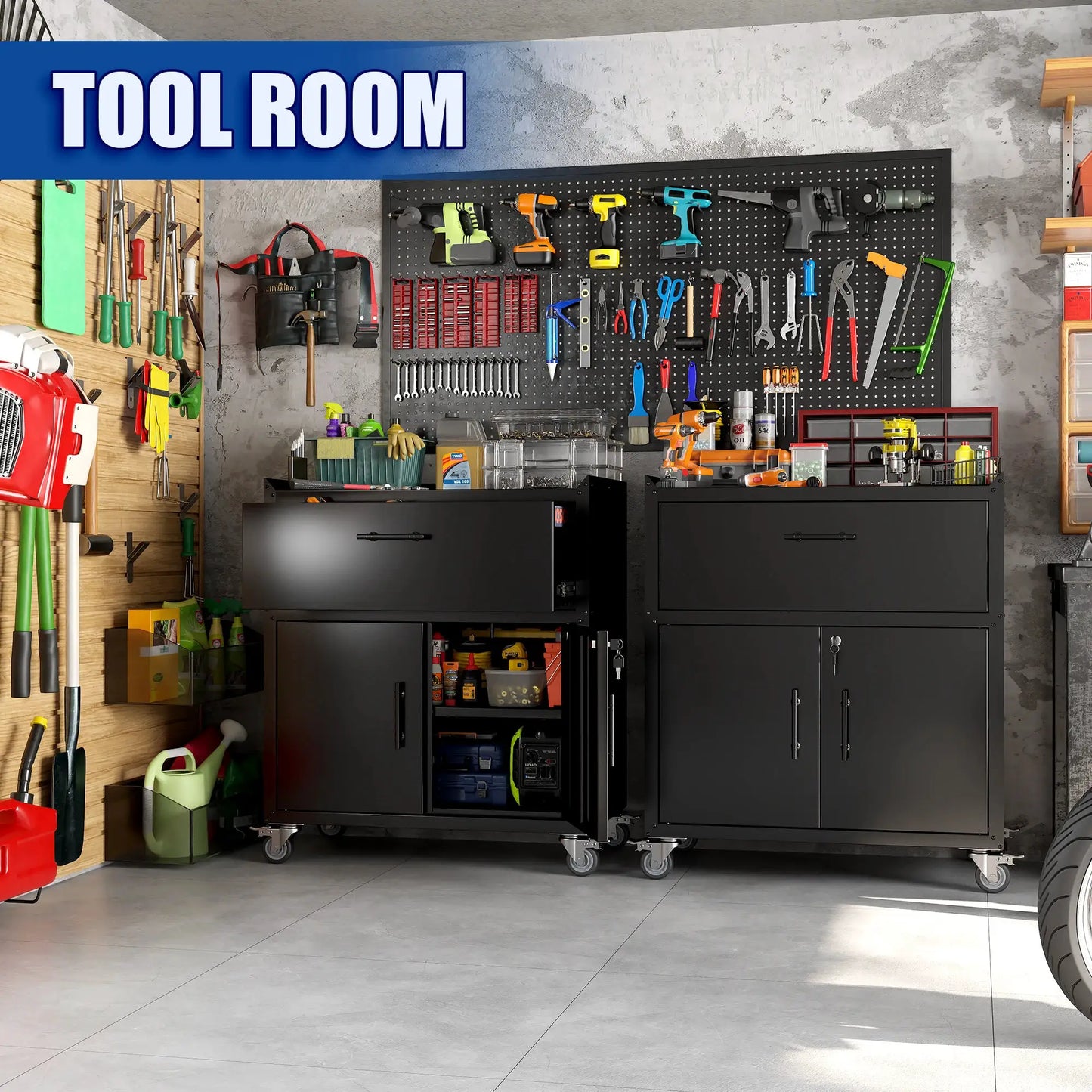 2 Door + 1 Drawer Tool Cabinets for Garage, Lockable Garage Storage Cabinet, Locking Metal Storage Cabinet with Wheels, Rolling Tool Chest, Assembly Required H35.4*W30.3*D18 from PriceLows™