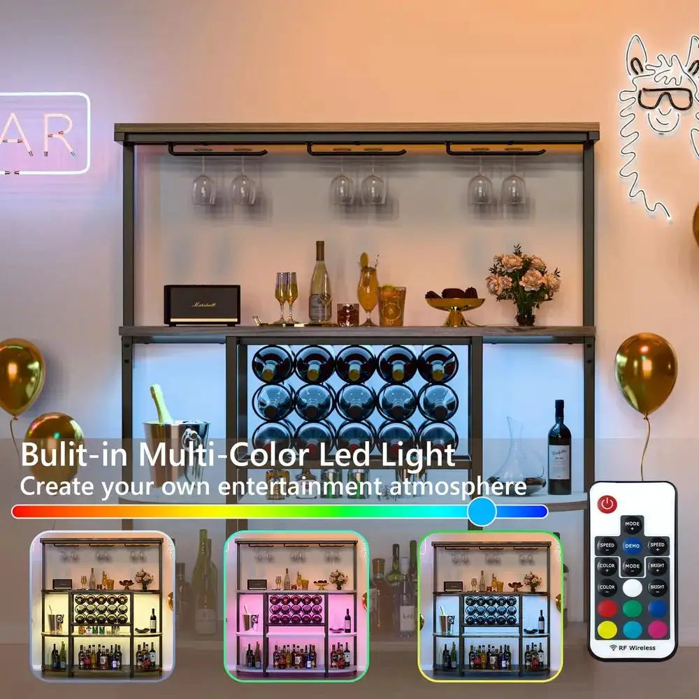 Wine Bar Cabinet with Power Outlet and LED Lights, Home Bar Cabinet Table for Liquor, Freestanding Wine Racks with 4Tier Storag from PriceLows™
