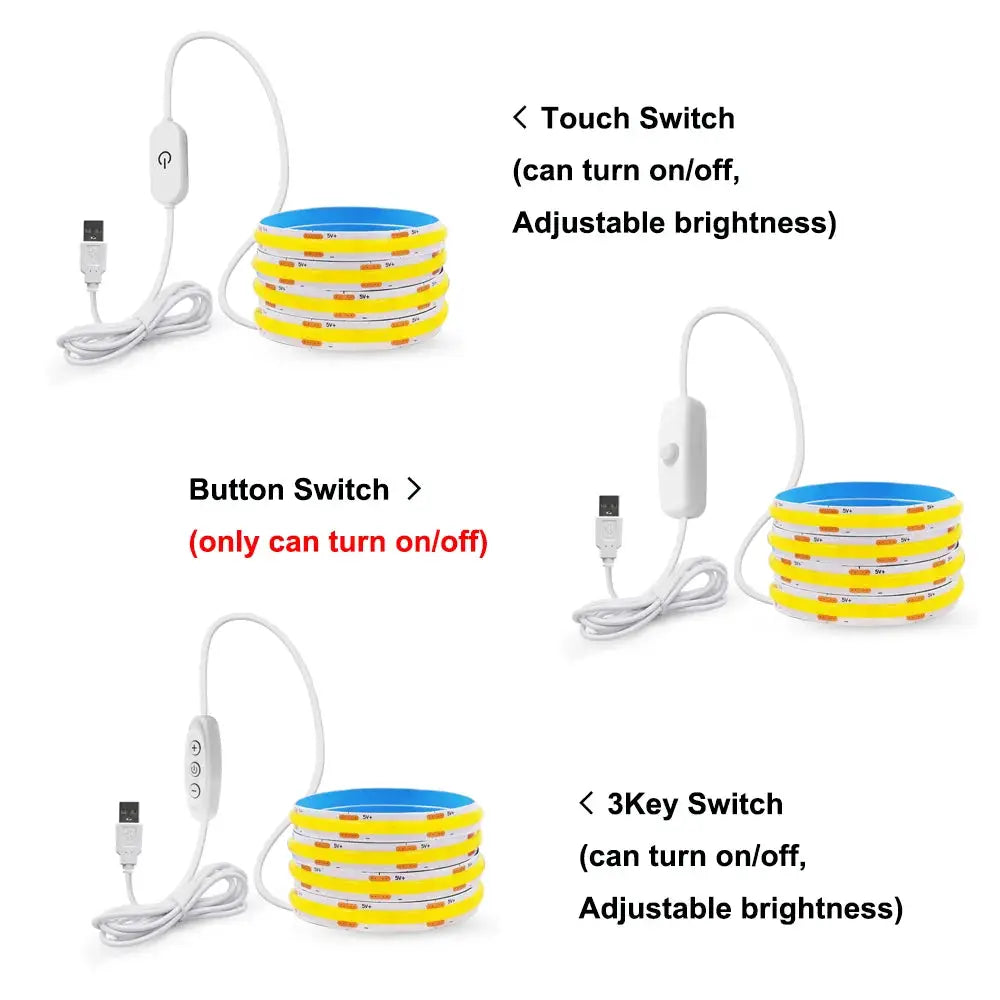 LED COB Strip Light Touch Dimmer Switch Flexible Diode Tape 5V USB Indoor Lamp Linear Lighting Room DIY TV Backlight Wall Decor from PriceLows™