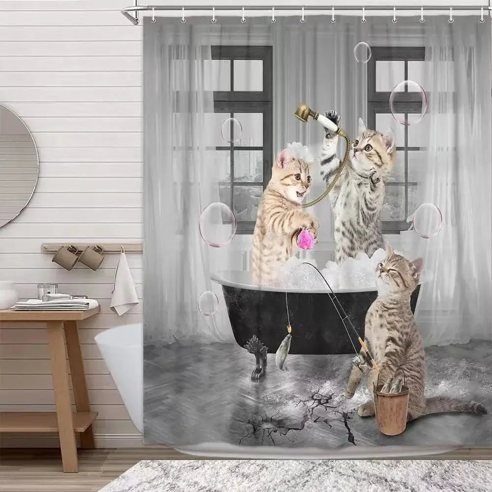 Funny Cat Shower Curtain Fun Animal in Bathtub with Fish Cloth Fabric Shower Curtain Hilarious Pet Bathroom Decor Set with Hooks from PriceLows™