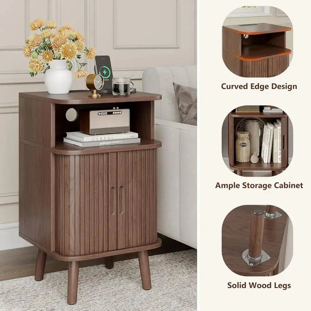 2-Piece Nightstand Set with Charging Station, Modern Walnut End Tables, Curved Edge Wood Side Table from PriceLows™