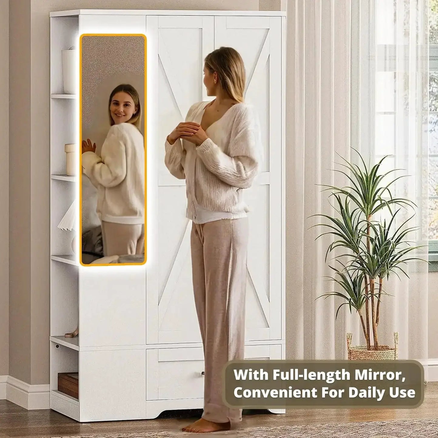 70" Tall Wardrobe Closet with Mirror, Side Shelves & Drawer, Freestanding Armoire with Hanging Rod, Barn Door Storage Cabinet, White from PriceLows™