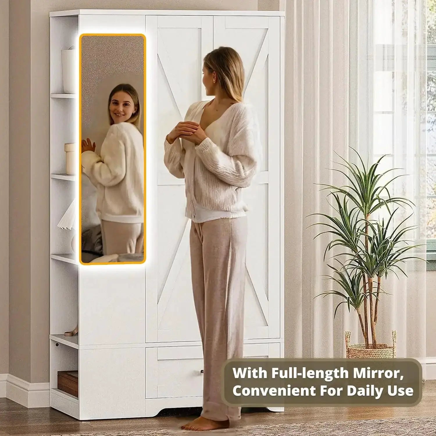 70" Tall Wardrobe Closet with Mirror, Side Shelves & Drawer, Freestanding Armoire with Hanging Rod, Barn Door Storage Cabinet, White from PriceLows™