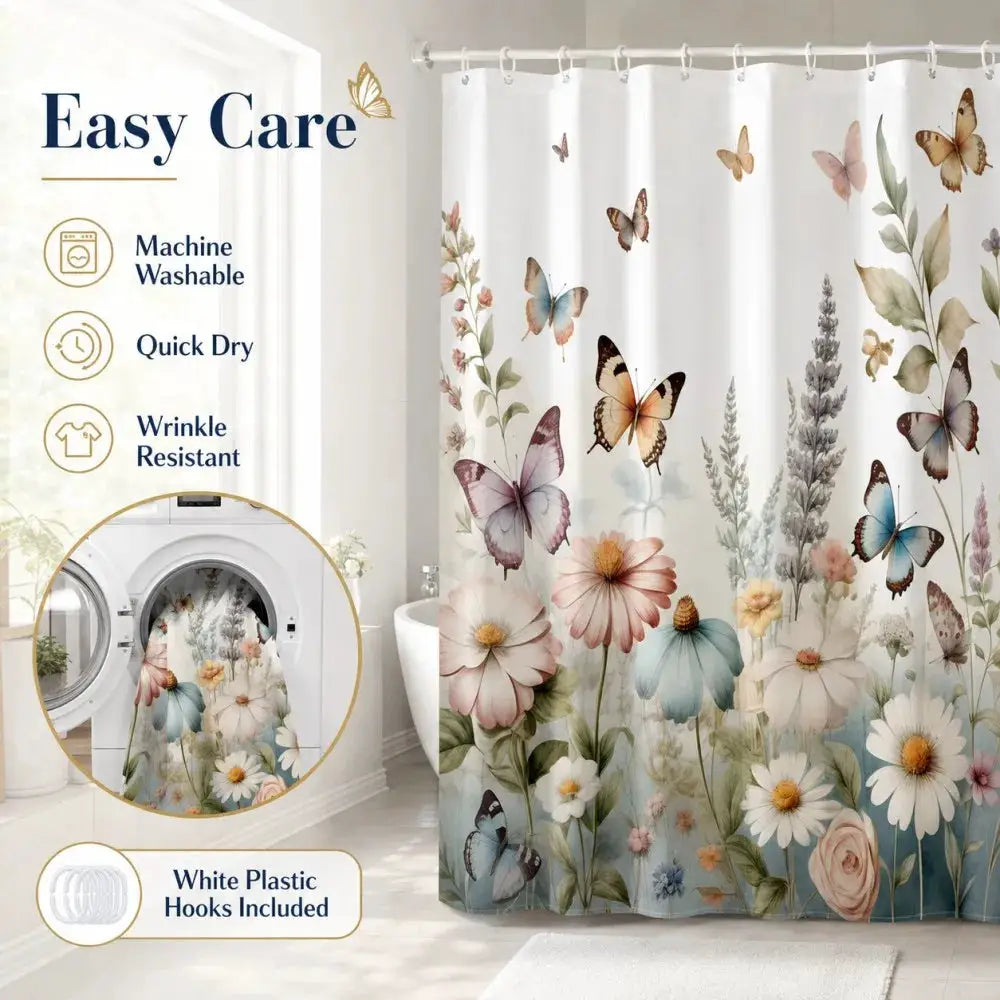 Butterfly Floral Shower Curtain Daisy Flower Print Bath Screen Waterproof Polyester Bathroom Decoration Set All Season Universal from PriceLows™