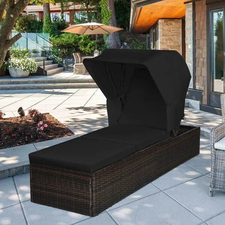 Rattan Reclining Chaise Lounge Chair Outdoor Patio Black Cushions Folding Canopy from PriceLows™