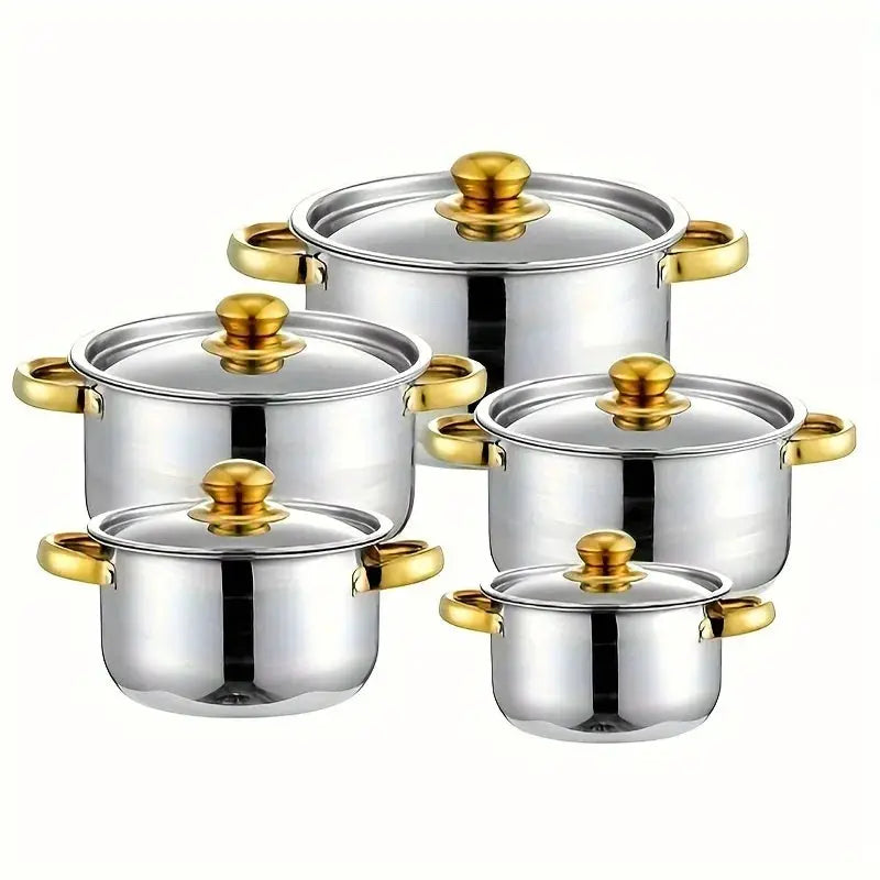 5-Piece Golden Stainless Steel Cookware Set - Durable, Multi-Purpose, Easy to Clean, Compatible with All Stoves, Non-Stick, from PriceLows™