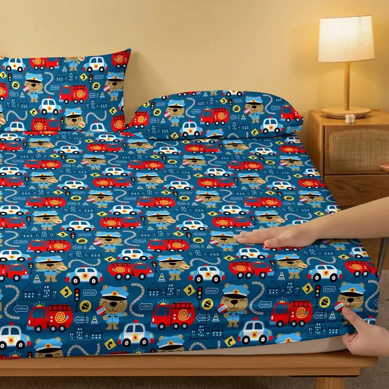 1Pc First Aid Car Pattern Brushed Fitted Sheet,Bedroom Cartoon Anime Printed Bedspread,Bedding(Not Include Pillowcase) from PriceLows™