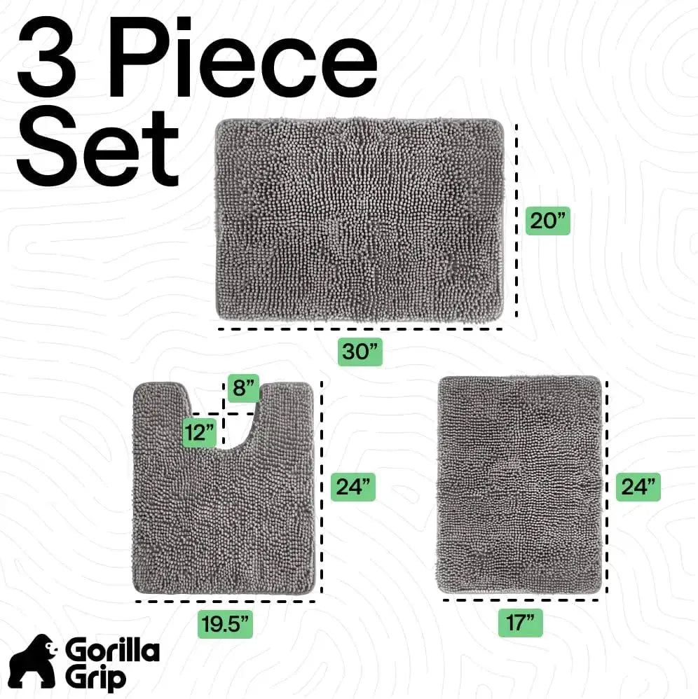Plush Chenille Bath Mat Set 3 Piece, Absorbent Shaggy Rugs with Rubber Backing for Bathroom, Includes Contour Toilet Rug from PriceLows™