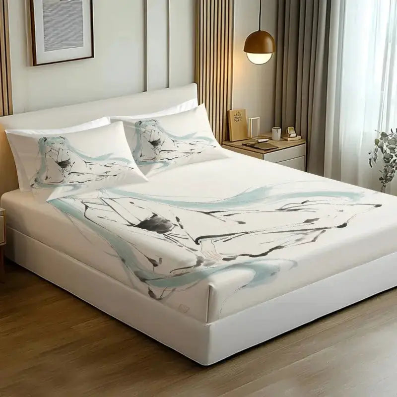 3Pcs Hatsune Miku Japanese Ink Wash Fitted Sheet Set Zen Style Anime Bed Cover with Pillowcases Teens Room Fans Room Decor Gift from PriceLows™