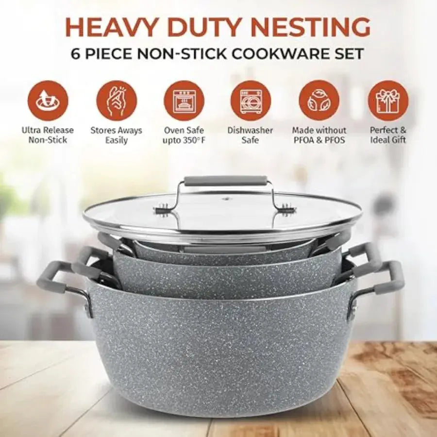 Gray Pots and Pans Set Nonstick 6 Stackable Piece Cooking Pots Set Kitchen Pots Non Stick Coating 5qt 3qt and 1.5qt Pots with L from PriceLows™