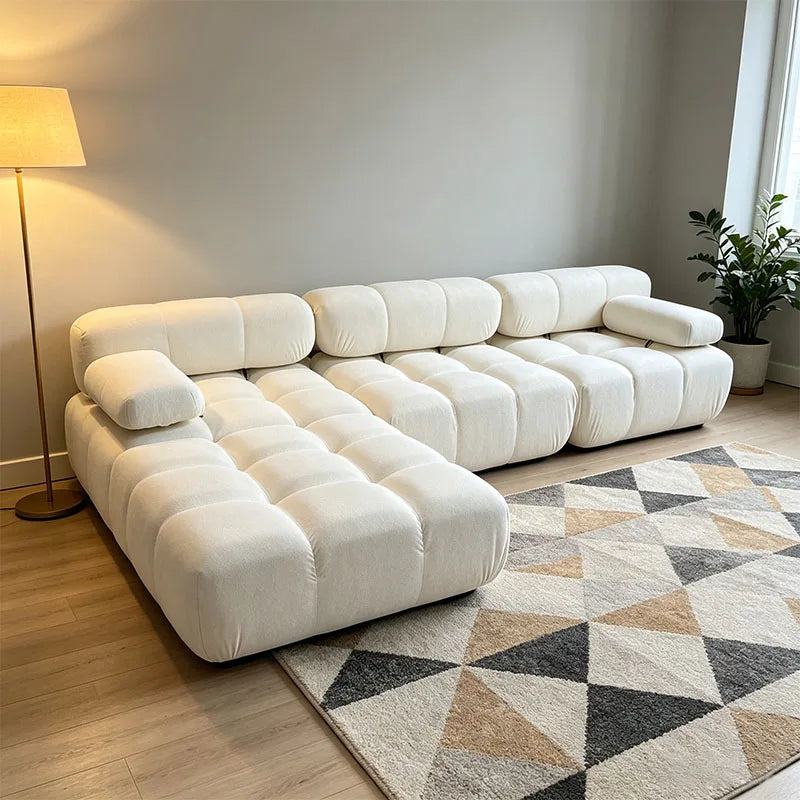 Sectional Sofa | Nordic Design White Fabric | Modular L-Shaped | With Armrests