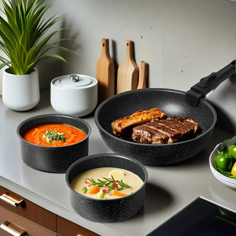 [Kitchen Upgrade]12pcs Granite Non-Stick Cookware Set W/Detachable Handles And Space-Stack Pots & Pans for Healthy Cooking & Eff from PriceLows™