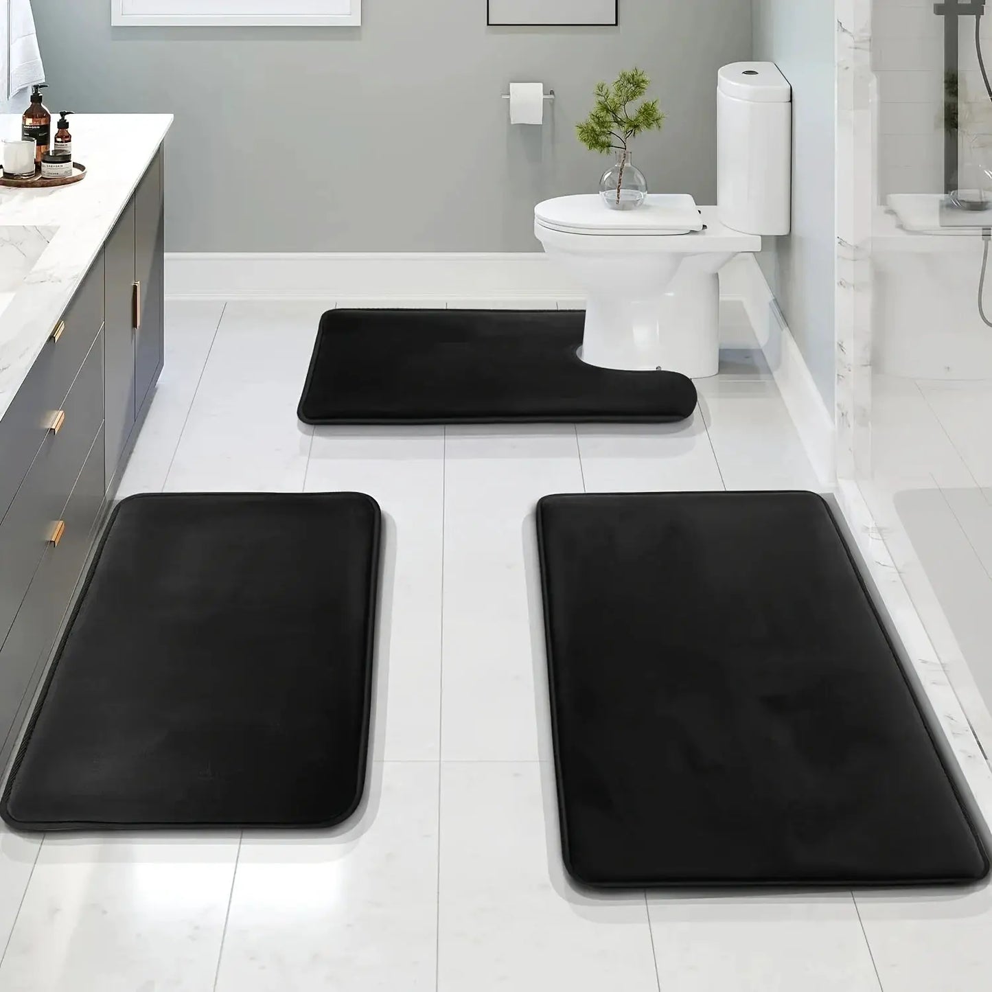 Set of 3 Durable Memory Foam Bath Mats with Non-Slip Features, Including a U-Shaped Mat And a Toilet from PriceLows™
