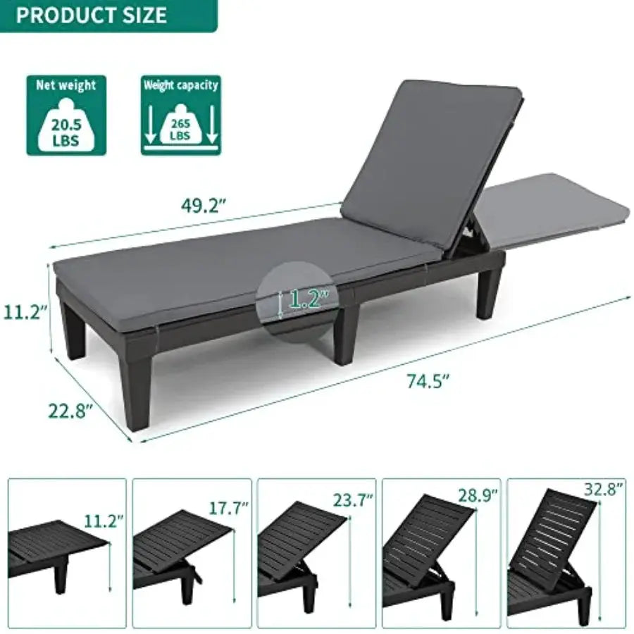 Outdoor chaise lounge chairs with cushion and adjustable backrest black steel frame waterproof fabric lightweight design 265 lb from PriceLows™