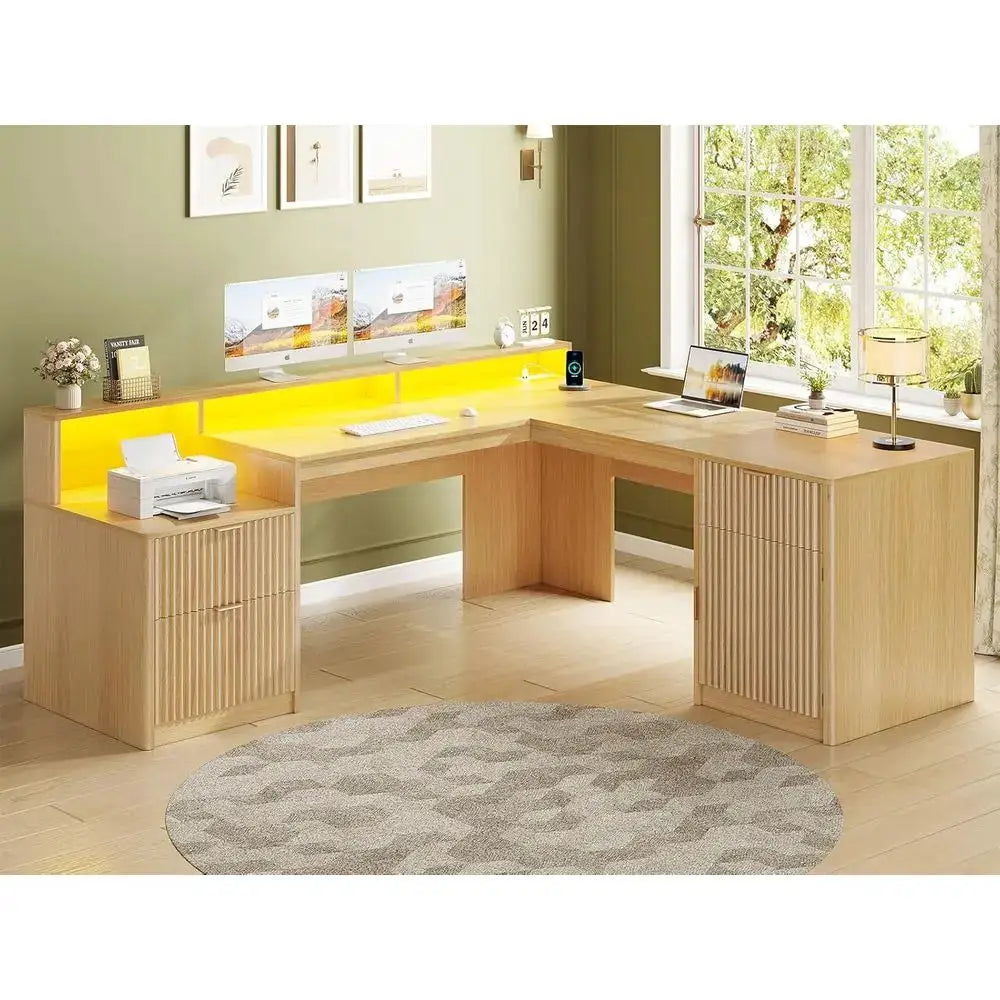 66 Large L-Shaped Desk with Drawers, Hutch, File Cabinet, Printer Shelf, Wood Executive Desk with Monitor Stand, Power Outlets, from PriceLows™