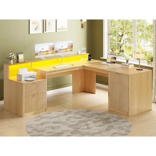 66 Large L-Shaped Desk with Drawers, Hutch, File Cabinet, Printer Shelf, Wood Executive Desk with Monitor Stand, Power Outlets, from PriceLows™