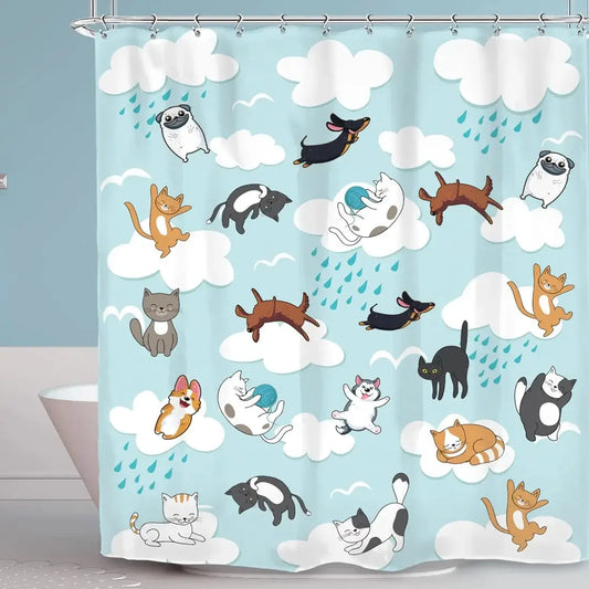Raining Cats and Dogs Shower Curtain Funny Cartoon Cute Animal Hilarious Pets Playing Water Polyester Waterproof Bathroom Panels from PriceLows™