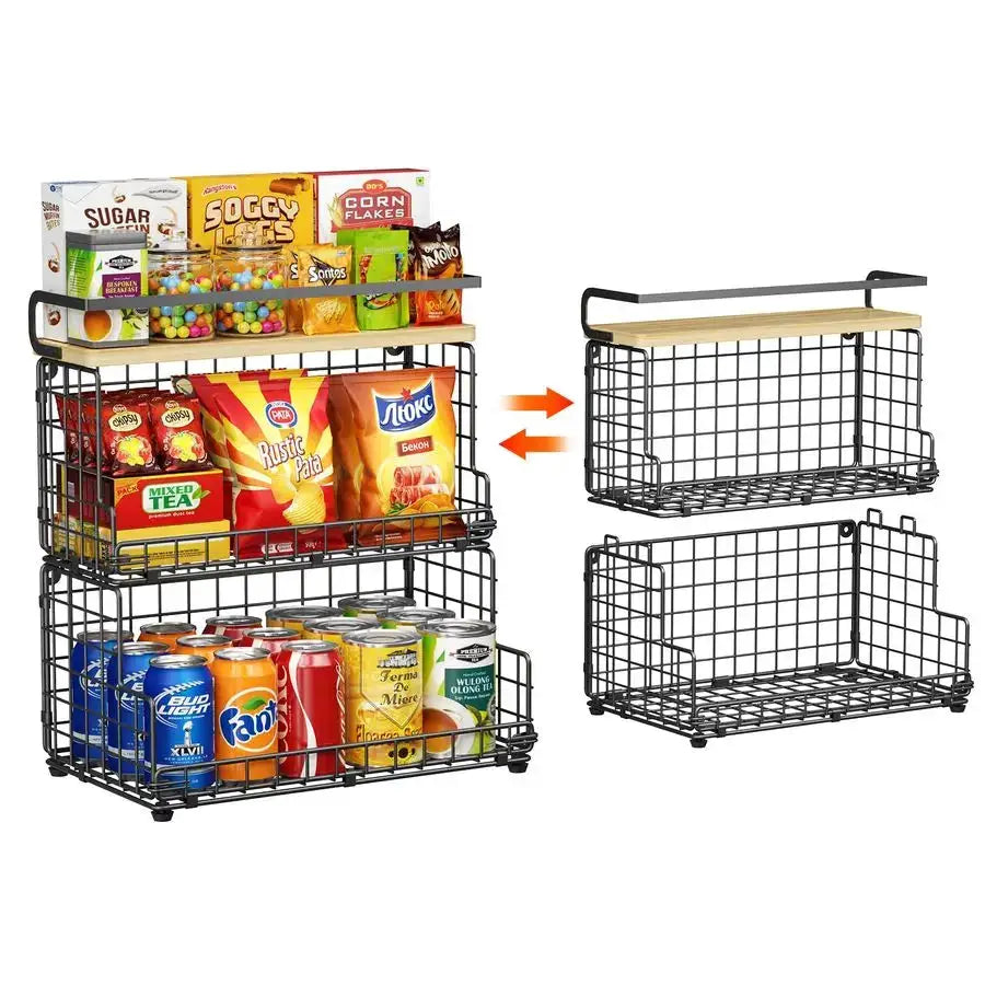 3Tier Stackable Snack Organizer with Pine Wood TopTrapezoid Metal Wire Basket, Countertop amp Wall Mounted Snack Holder for Kitc from PriceLows™