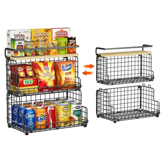 3Tier Stackable Snack Organizer with Pine Wood TopTrapezoid Metal Wire Basket, Countertop amp Wall Mounted Snack Holder for Kitc from PriceLows™