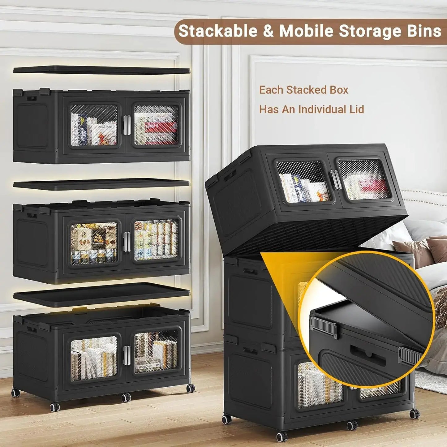 BROVIEW 165 Gal Extra Large Storage Bins Each Box with 1 Lid, 660 Qt Stackable Storage Box with Wheels, Collapsible Plastic Storage Cabinet Cubes Shelves Home Organization, 1/3/4Pack, Black from PriceLows™