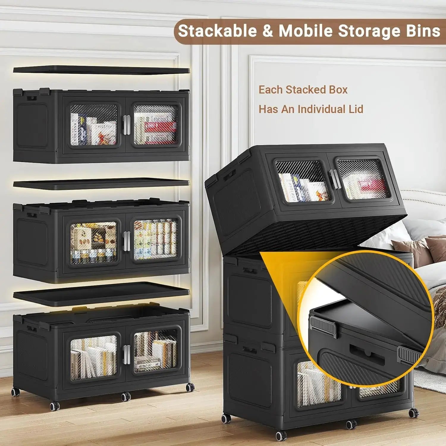BROVIEW 165 Gal Extra Large Storage Bins Each Box with 1 Lid, 660 Qt Stackable Storage Box with Wheels, Collapsible Plastic Storage Cabinet Cubes Shelves Home Organization, 1/3/4Pack, Black from PriceLows™