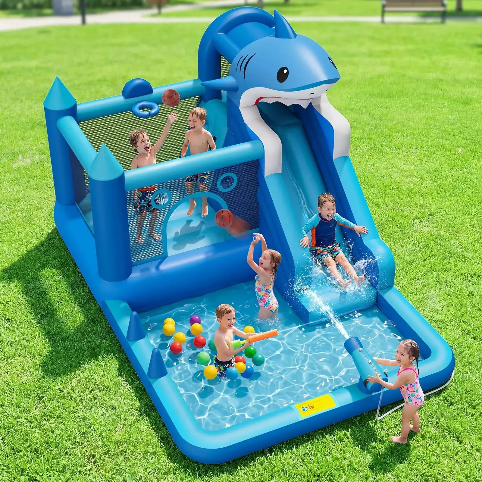 Shark Inflatable Water Park Bounce House With Slide & Blower, Splash Pool, Climbing Wall, Water Cannon, Hoop For Backyard Kids from PriceLows™