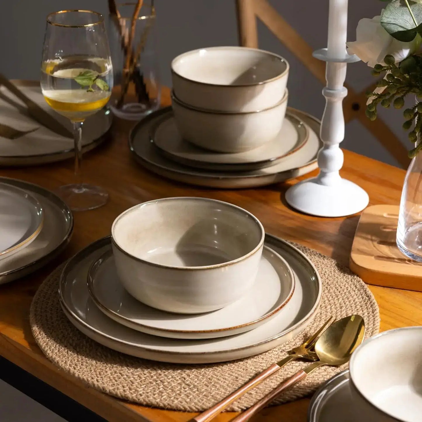 Ceramic Dinnerware Sets for 6, 18 Pieces Stoneware Plates and Bowls Sets, Scratch Resistant Dishes Reactive Glaze-Cappuccino from PriceLows™
