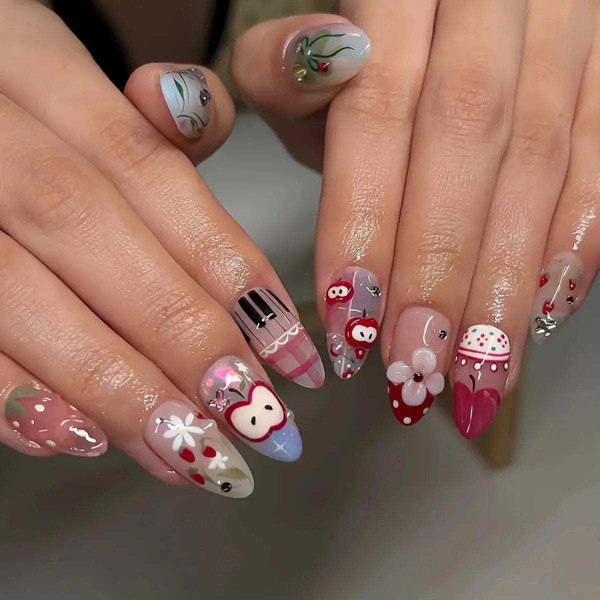 Press On Nails | Almond Shape | Green Lotus Frog Design | 24 Piece Kit