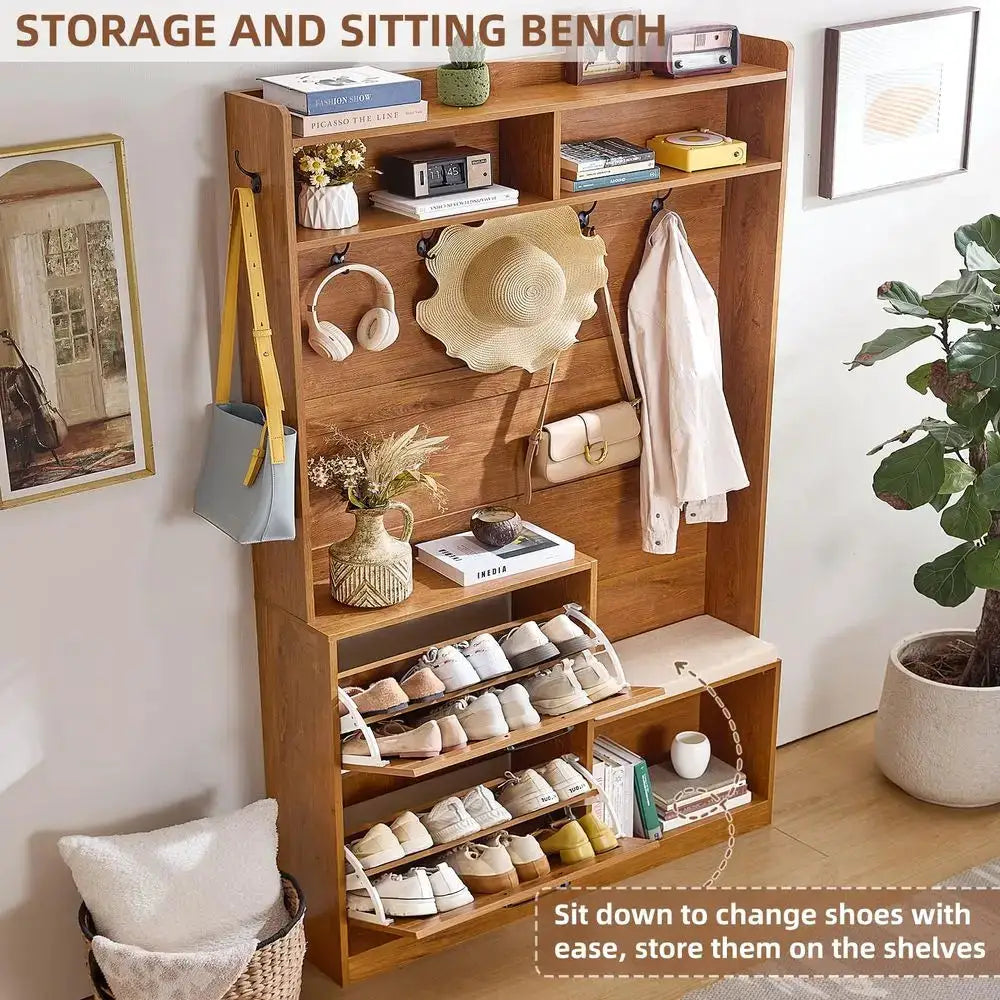 78 Tall Boho Hall Tree with Bench amp Shoe Storage, 4in1 Mudroom Coat Rack with 2 Flip Rattan Drawers amp Cushioned Stool, Entr from PriceLows™