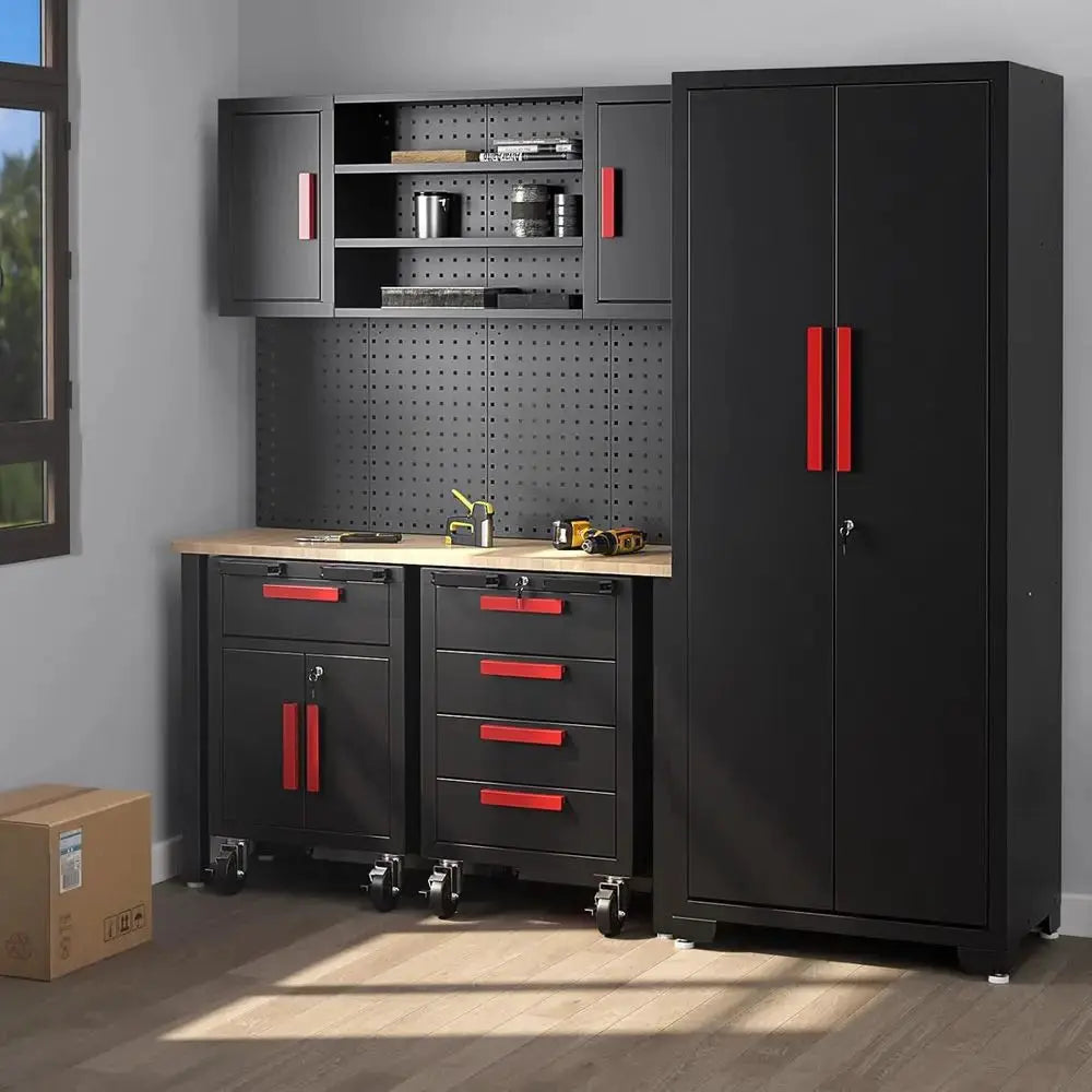 6-Piece Garage Organization Cabinet Set with Worktop, Pegboard, Rolling Chests, Lockers, and Tool Storage from PriceLows™