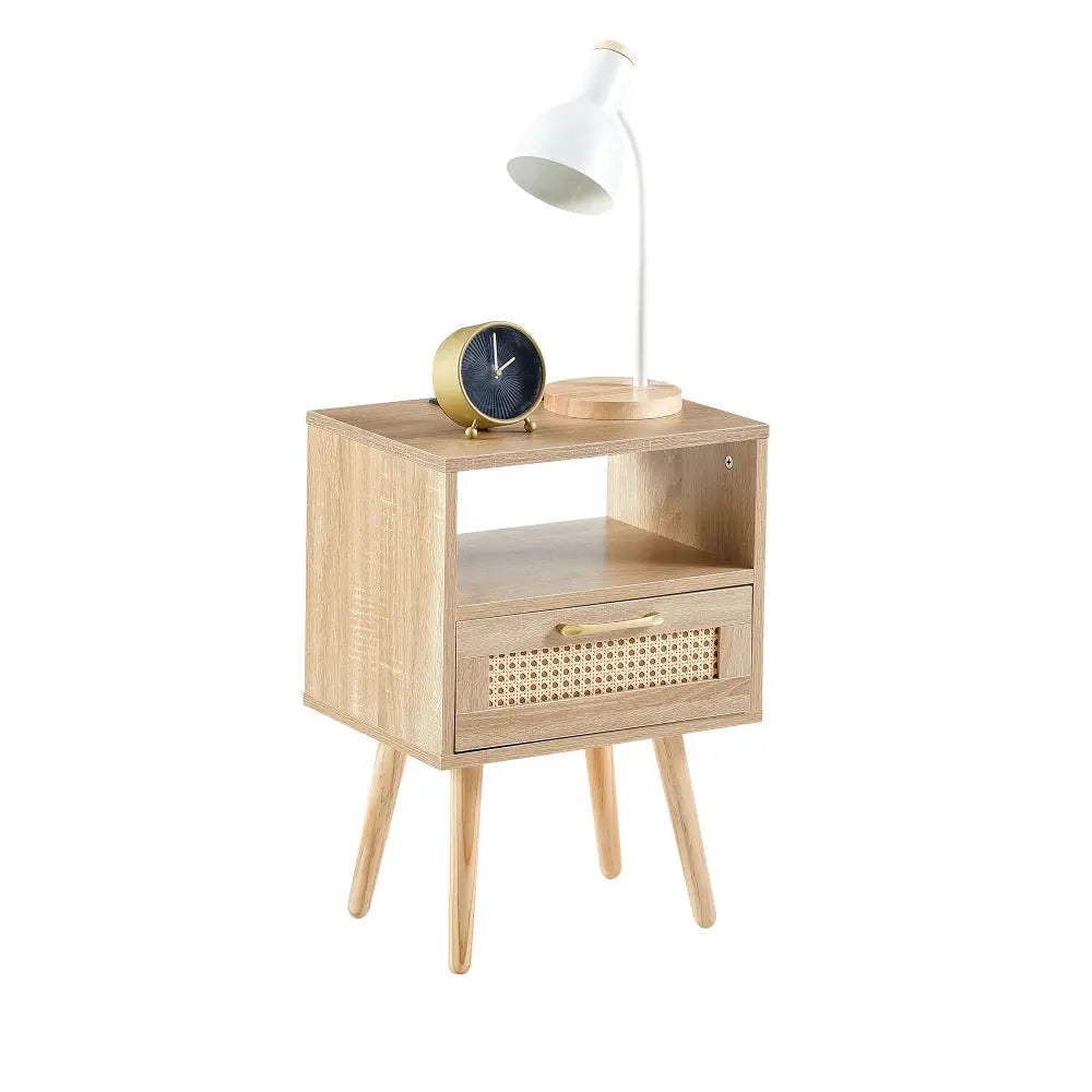 15.75" Rattan End table with Power Outlet & USB Ports , Modern nightstand with drawer and solid wood legs, side table for livin from PriceLows™