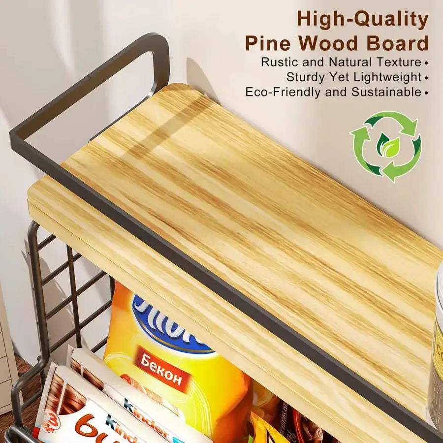 3Tier Stackable Snack Organizer with Pine Wood TopTrapezoid Metal Wire Basket, Countertop amp Wall Mounted Snack Holder for Kitc from PriceLows™