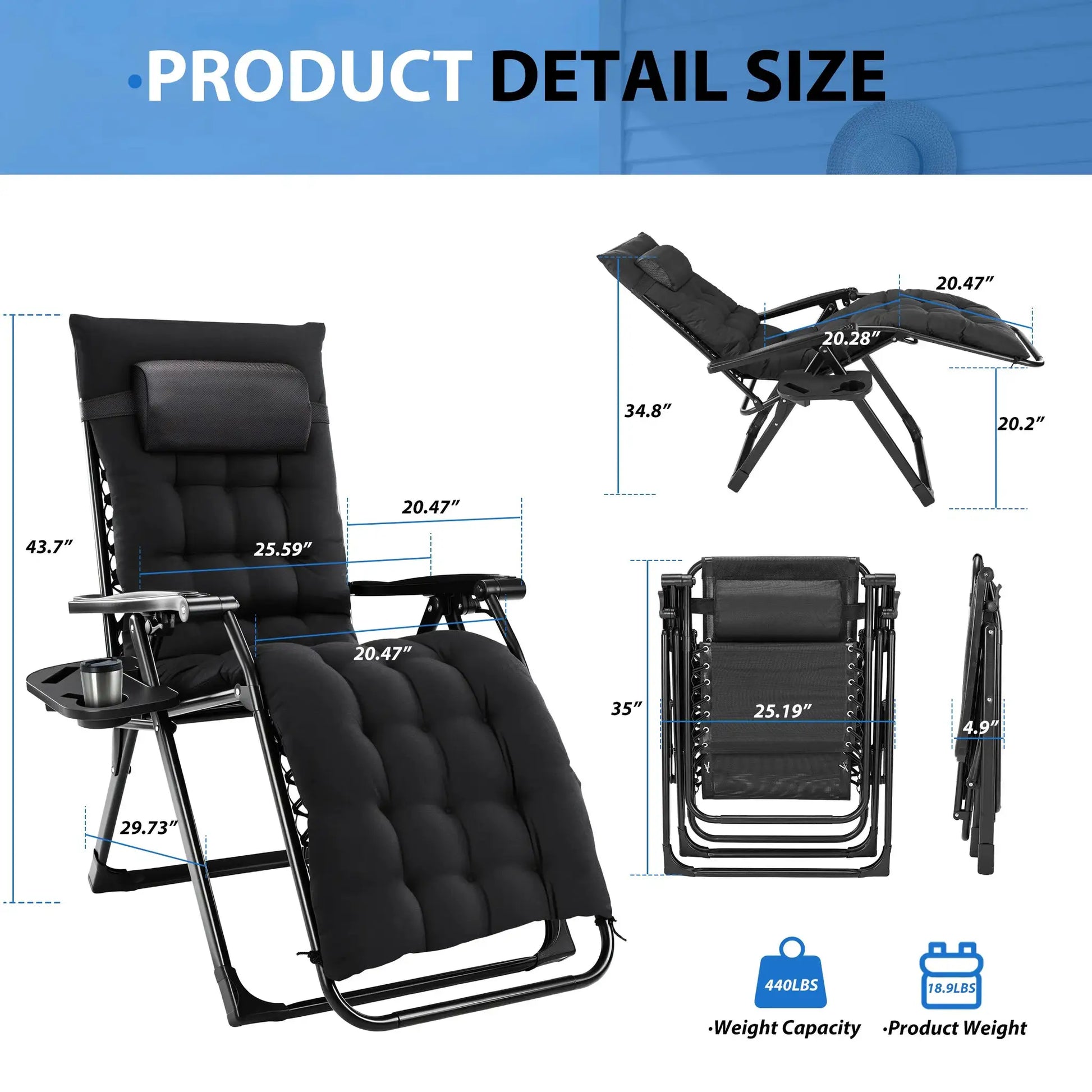 MCQ Zero Gravity Cushioned Lounge Chair Outdoor Folding Camping Padded with Cup Holder Cooler Bag Heavy Duty Chair for Garden from PriceLows™