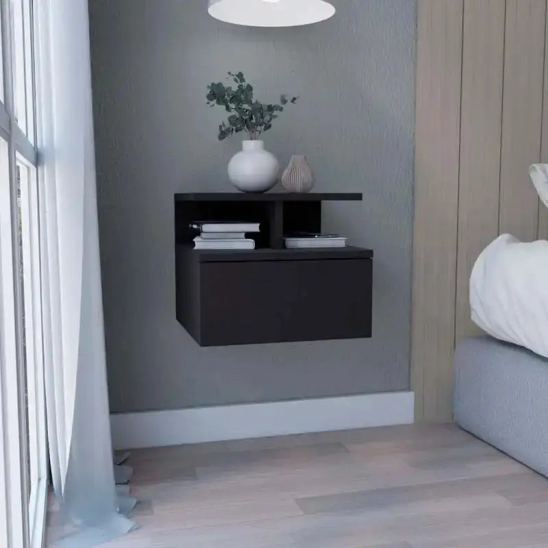 Floating Nightstand 12"H, Wall Mounted with Single Drawer and 2-Tier Shelf, Black from PriceLows™